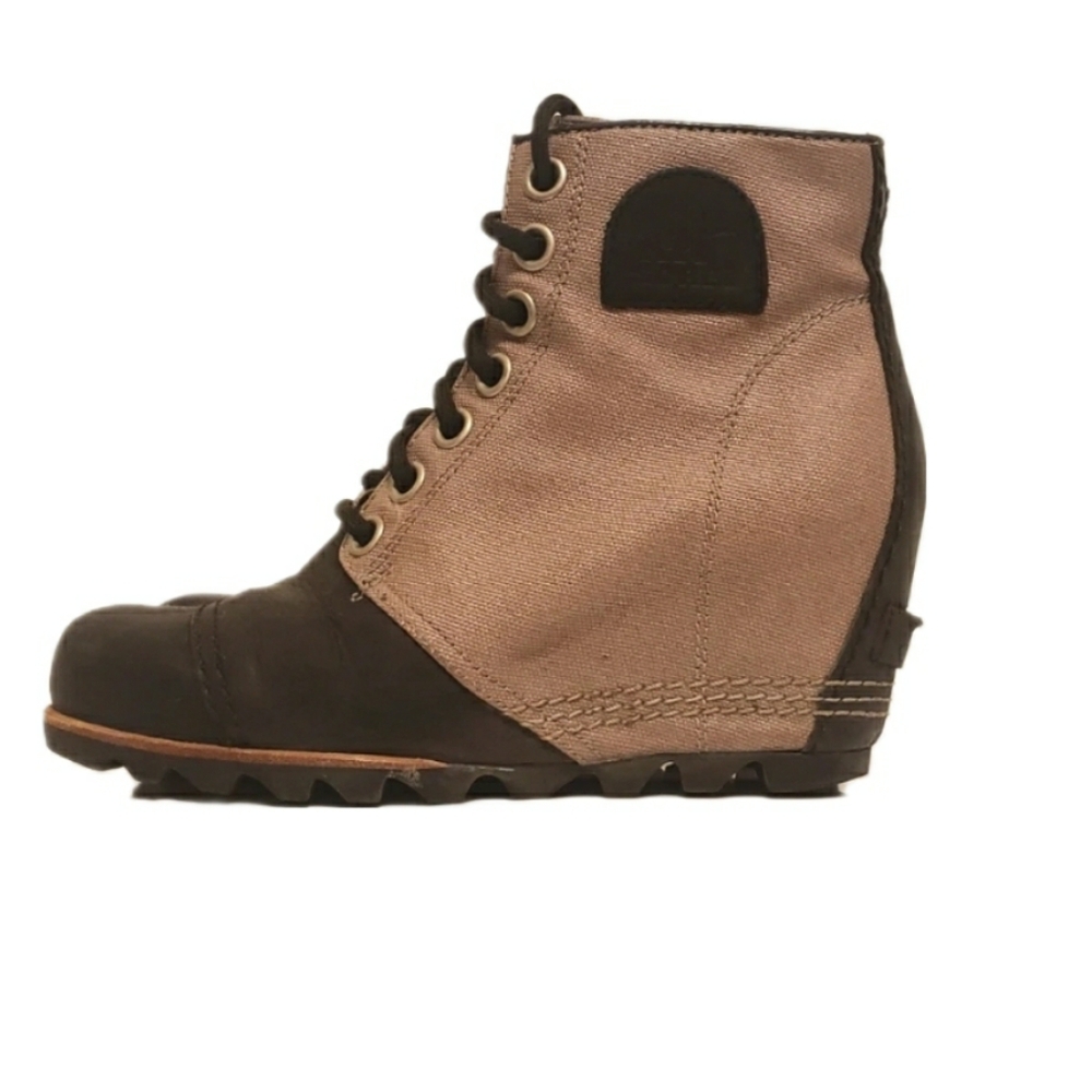 Sorel Women's Wedge Ankle Boots - Black / Tan, Canvas / Leather - Serrated Sole